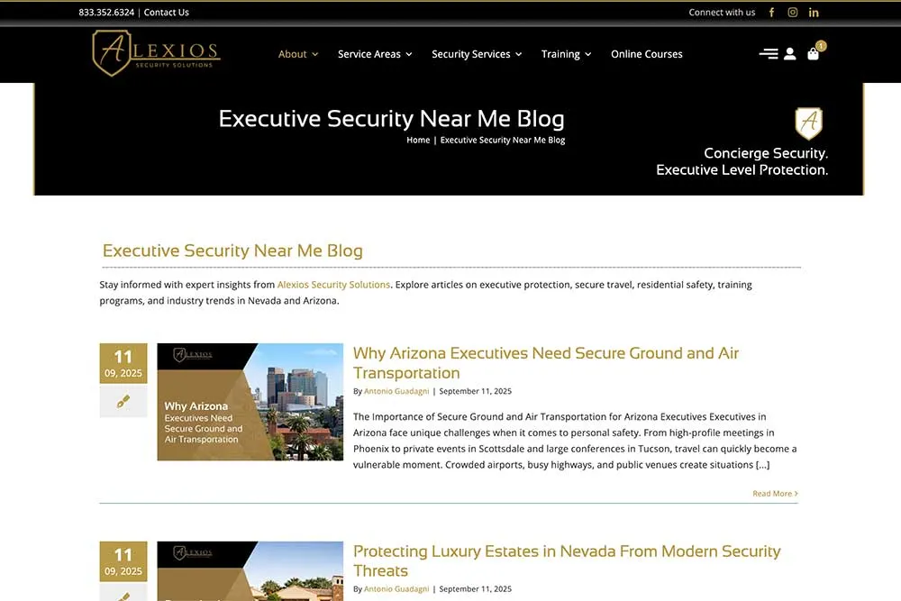A blog webpage showing security-related articles for executives, featuring a modern design. For digital marketing services, contact Crown Marketing, a Las Vegas marketing agency.| Crown Marketing Digital Marketing Agency Las Vegas