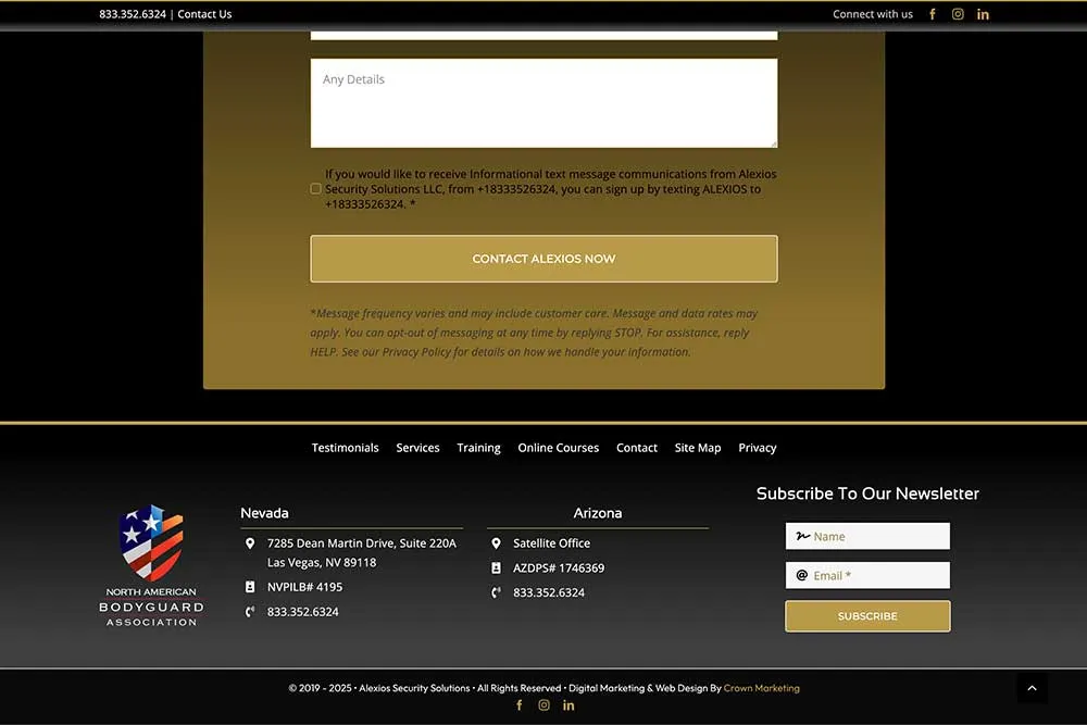 A contact form with a "Contact Alexios Now" button; footer shows addresses and newsletter sign-up, designed by Crown Marketing, a digital marketing agency.| Crown Marketing Digital Marketing Agency Las Vegas