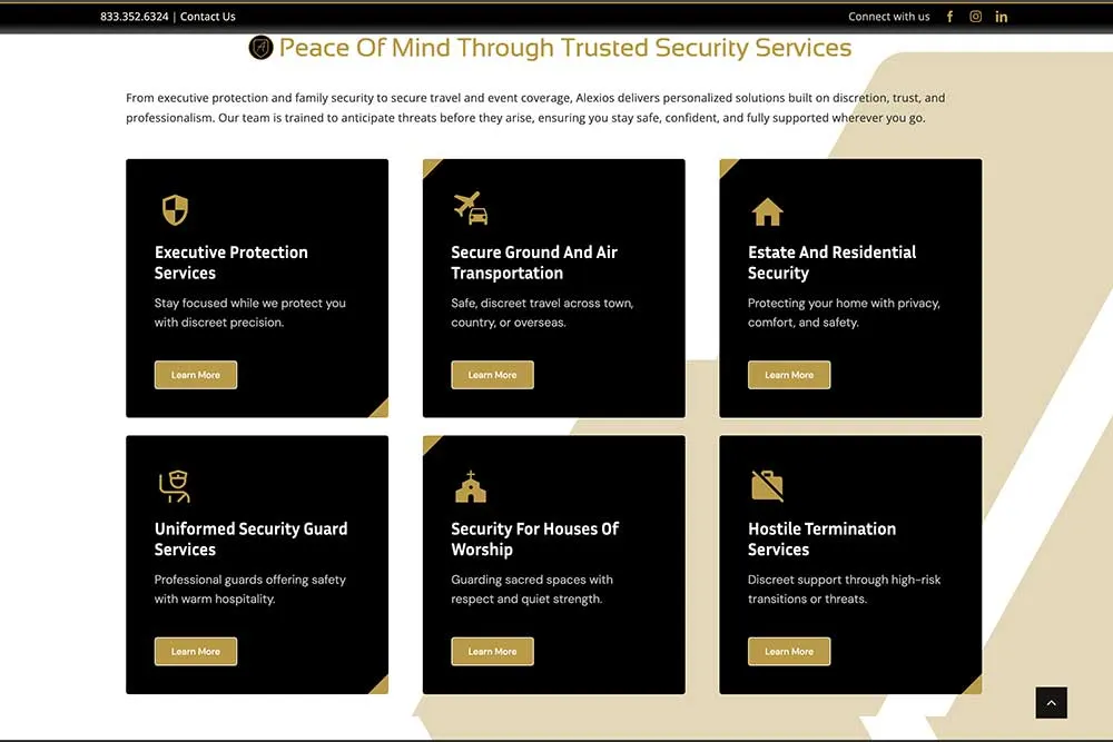 Six black and gold boxes detail security services, including executive protection and estate security. Crown Marketing's digital marketing services can enhance visibility for such offerings.| Crown Marketing Digital Marketing Agency Las Vegas