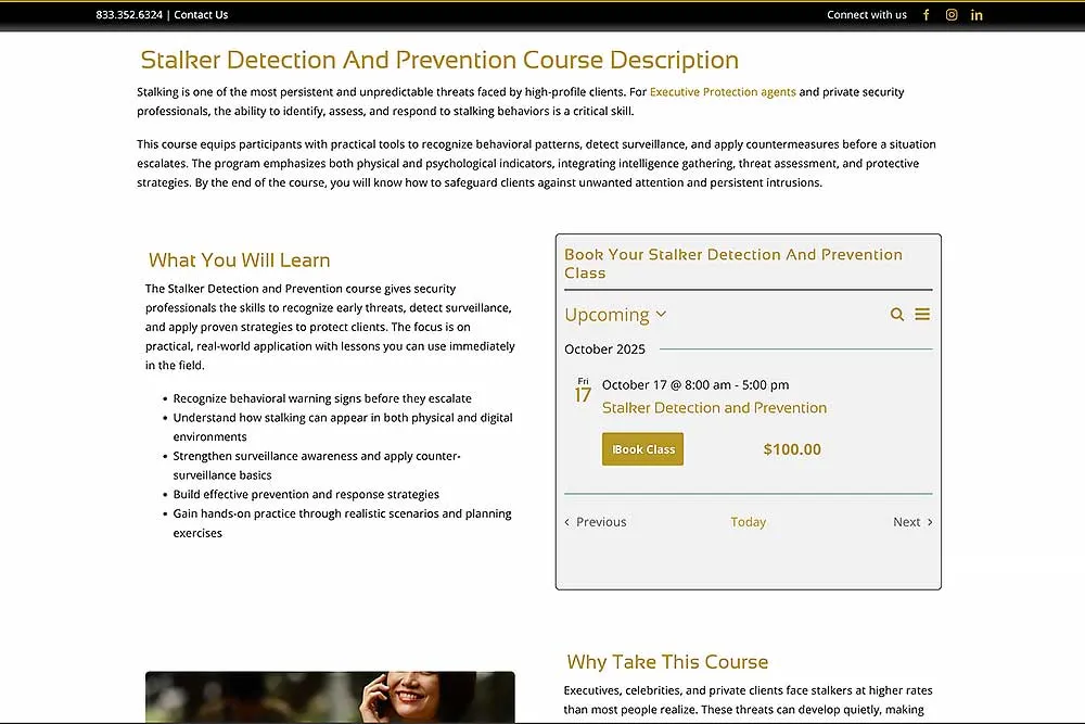 Webpage showing a course description for "Stalker Detection and Prevention," highlighting skills learned. Visit Crown Marketing for digital marketing services.| Crown Marketing Digital Marketing Agency Las Vegas