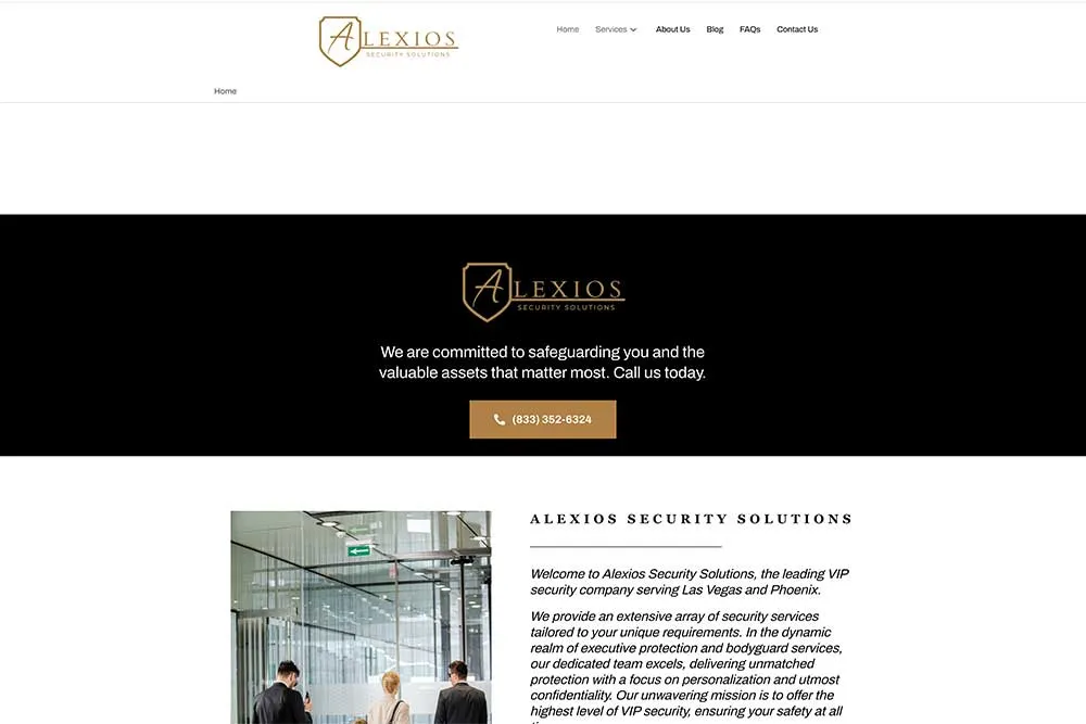 A website screenshot for Alexios Security Solutions, showing a modern office interior, emphasizing professional services. Perfect for Crown Marketing's website design services in Las Vegas marketing.| Crown Marketing Digital Marketing Agency Las Vegas
