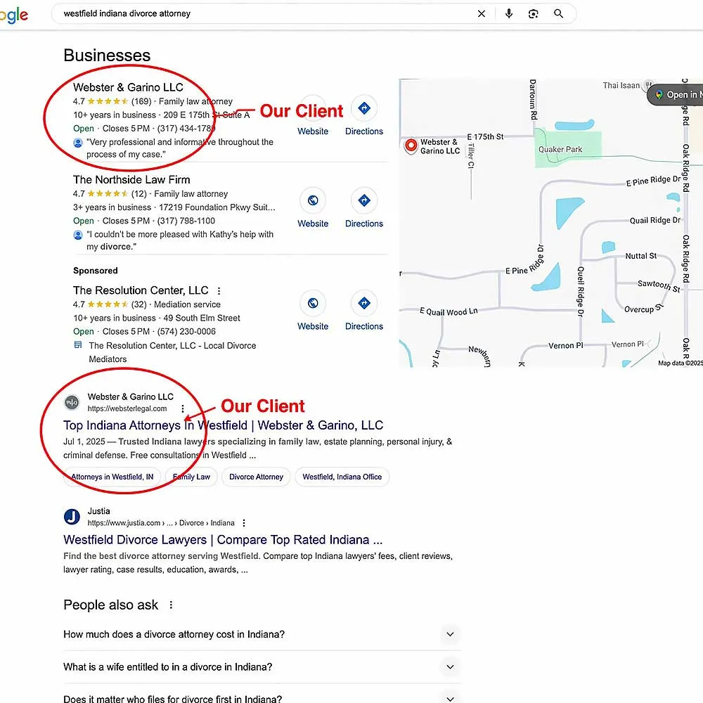 Google map pack results with a map and three local business listings